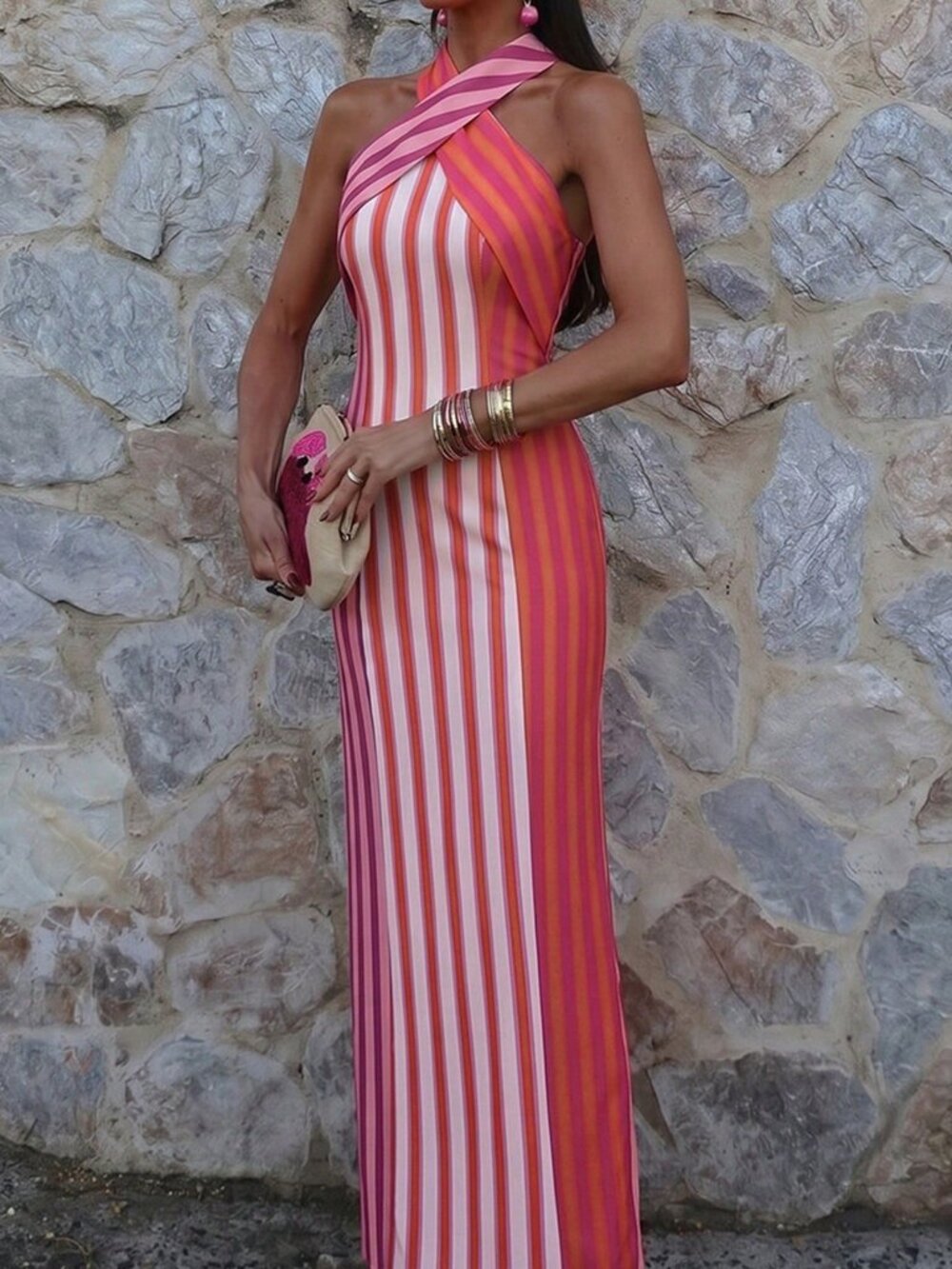 Fuchsia Elegant Women's Multicolor Striped Dress - Picture 3 of 4